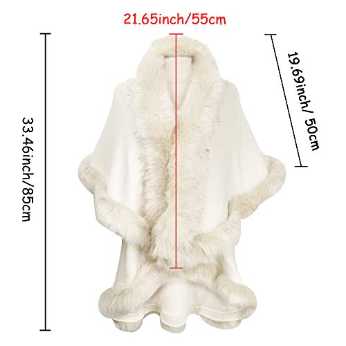 Zlyc Women Fine Knit Open Front Faux Fur Trim Layers Poncho Cape Cardigan Sweater (White) #TOP5