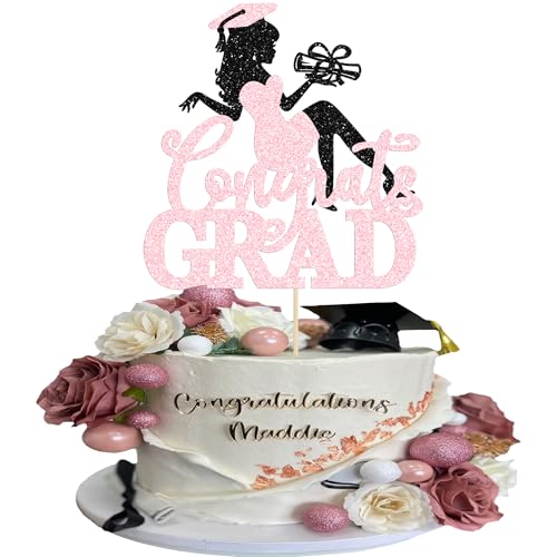 Gyufise 1Pc High Heel Girl Graduation Cake Topper Glitter Diploma Congrats Grad Cake Pick Class of 2026 Graduation Party Decorations for 2026 Girls Graduate Party Supplies Rose Red 3