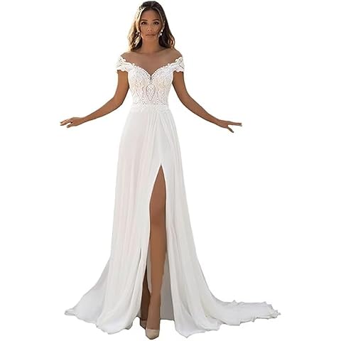 SRUHKO Boho Chiffon Wedding Dress for Bride with Side Slit Laces Appliques Beach Bridal Gowns with Train White Cover