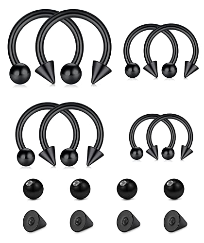 Longita Herradura Septum Rings 16G 6-12MM con Bolas de Reemplazo Spike Acero Inoxidable Piercing Helix Cartílago Pendientes Joyas Nero