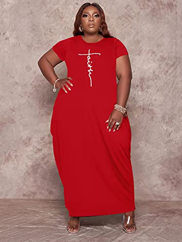 Fooullaide Women's Plus Size Faith Loose Long Dress Casual Short Sleeve Crew Neck T Shirt Baggy Tunic Oversize Dresses With Pocket #TOP5