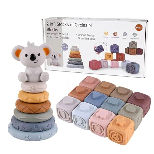 Image of TMYIDO 2-in-1 Soft Stacking Blocks & Rings,Montessori Sensory Toys for Babies 6 12 18 Months, Newborn Essentials Squeeze Teether,Textured,Sensory Educational Learning Toys for Infant