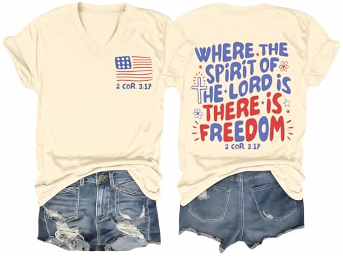 Umcokur Where The Spirit of The Lord is There is Freedom V Neck T-Shirt Christian Patriotic 4th of July Tee Shirts