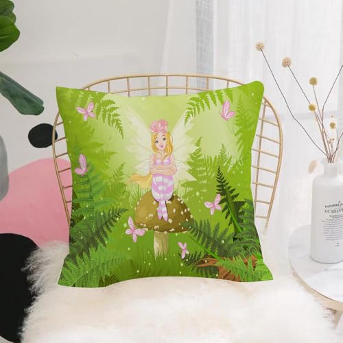 YFHJV Fundas de Almohada 40x40cm - Fundas de Cojines de Calidad con una Suavidad Incomparable - Ideal para Dormitorio - Hada con alas y Corona de Flores sentada sobre un Hongo rodeada de Mariposas