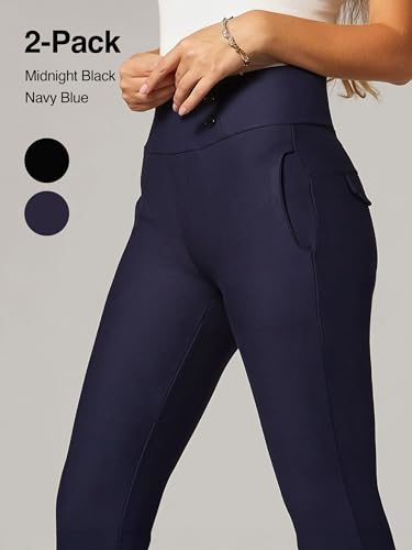 Conceited 2-Pack Stretch Slacks for Women - Wear to Work - Slim Leg Dress Pants with Pockets - Black, Navy - (Medium)4