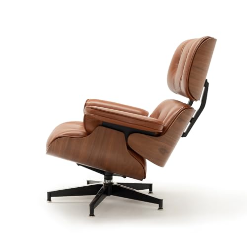 Image of Top Black Grain Leather, Mid Century Chaise Lounge Chair and Ottoman, Modern Chair Classic Design, Walnut Wood, Heavy Duty Base Support for Living Room Study Lounge Office (Walnut-brown, Upgraded)