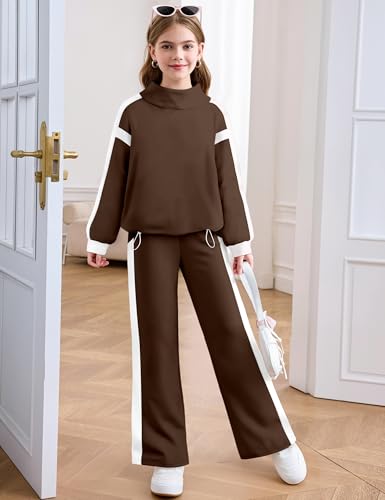 Image of AGAPENG Girls Clothes 2 Piece Outfits Turtleneck Sweatsuit Fleece Colorblock Sweatshirt Wide Leg Sweatpants Fall Winter Sets