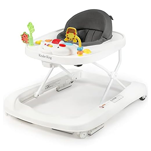 Kinder King 3 in 1 Folding Baby Walker, Activity Walker for Boys Girls, Learning-Seated, Toddler Walk-Behind w/Music Toys, Adjustable Height & Speed, Safety Bumper, Infant Walker Anti-Rollover, Grey