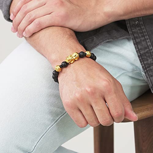 CHOW SANG SANG Cultural Blessings 999 24K Solid Gold Pixiu with 15 Black Chalcedony Beads Beaded Blessing Bracelet for Men 91338B | Size 6 (Wrist Size:14-15 CM)2