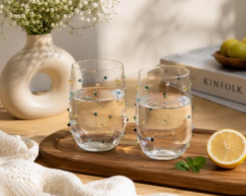 Image of Handcrafted Borosilicate Glass Water Glasses Set of 2 | Colorful Confetti Dot Juice Glasses | Drinking Glasses for Water, Juice, Cocktails & Mocktails | Modern Beverage Glasses