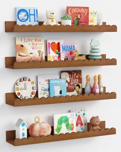 24 inch Scalloped Nursery Floating Book Shelves, Walnut Kids Wall Bookshelf | Brown Shell Edge Wall Mounted Bookshelves Set of 4, Wavy Trim Long Hanging Book Shelf for Kid Children Toddler Baby Boy Girls