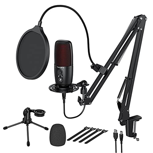 TECURS LED Gaming Streaming Recording PC Microphone Kit, LED Condenser Computer Mic Bundle for Podcasts, Audio, Vocal, Video on Mac/Desktop/Laptop, with Boom Arm Stand