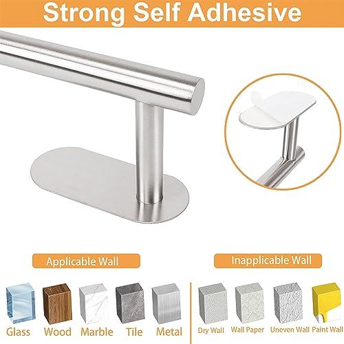 TocTen 5 Pieces Self Adhesive Towel Bar Set, Stainless Steel Bathroom Hardware Set Include Towel Rack, Toilet Paper Holder, 3 Packs Towel Hook, No Drilling Sticky Bathroom Accessory Kit(Brush Nickel)