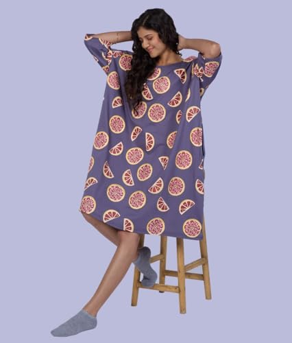 Image of LAMA STORE Women's Printed Oversized T-Shirt Dress, Cotton, 3 /4 Sleeve Length, Casual Loose Fit, Comfort Wear Extra Comfy Oversized Printed Pocket T-Shirt Dress