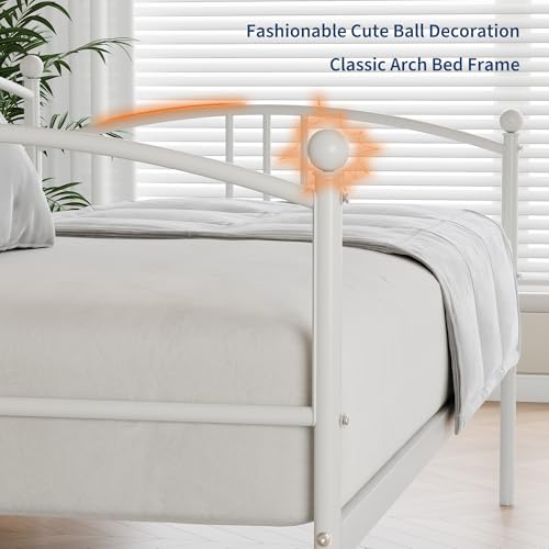 Image of Garvee Twin Daybed with Trundle, Sturdy Metal Day Bed with Arched Headboard and Steel Slat Support, Pullout Trundle with 6 Casters, Sofa Bed for Living Room Bedroom and Guest Room, White | Pullout Trundle, Six Smooth Casters, Space-Saving Design, Extra Sleeping Space, Easy Assembly, White