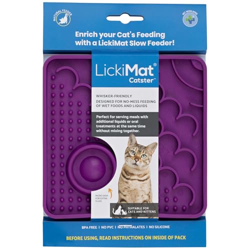 LickiMat Catster Cat Food Mat - Cat Slow Feeder with Micro Dish for Added Hydration - Perfect for Food, Treats, Yoghurt & Anxiety Relief for Cats - Fun Alternative to Slow Feeder Cat Bowl - Purple