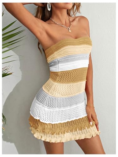 MakeMeChic Women's Strapless Crochet Cover Up Beachwear Colorblock Knit Tube Mini Dress4