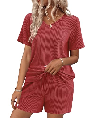 Ekouaer Womens Pajama Sets V Neck 2 Piece Short Lounge Set With Pockets