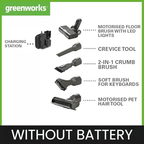 Greenworks Kabelloser Staubsauger, hohe Saugleistung, Hepa-Filter, Tierhaaraufsatz, 3 Leistungsstufen, Ladegerät für die Wandmontage, 3 Jahre Garantie, Grün