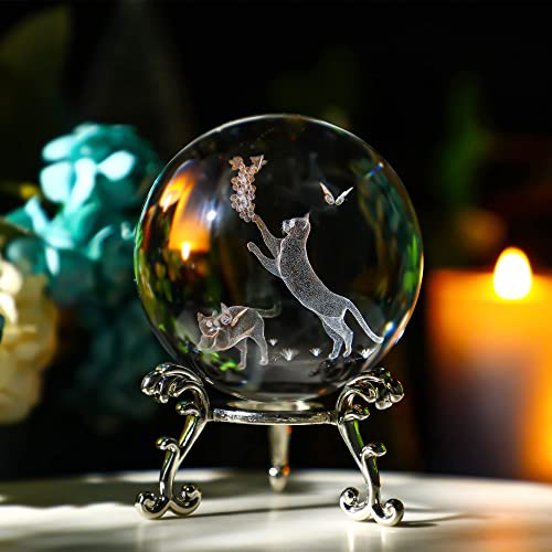 Zeershee 60Mm 3D Crystal Ball With Stand Glass Cat Figurine Laser Engraved Cats Sphere Glass Paperweights Crystal 3D Cats With Butterfly Figurine Cat Gift For Cat Lovers Women #TOP4