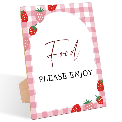 Pink Gingham Berry Baby Shower Table Sign, Food Please Enjoy Sign, Pack of 1 Wooden Tabletop Sign with Stand, Strawberry Baby Shower Supplies, Gender Reveal Party Decorations - RF46