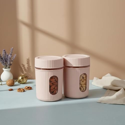 Image of Window Airtight Plastic Kitchen Storage Containers Set of 2 (500ml) | BPA-Free Food Grade Jars with Transparent Window View & Textured Grip | Dry Fruit, Spices, Pulses & Snacks (Multicolor)