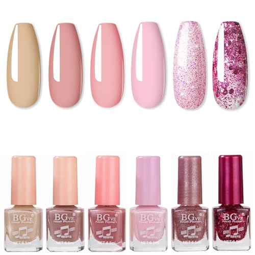 6PC Pink Glitter and Nude Nail Polish Set - Quick Dry & Long Lasting Varnish Gift Set - Oil-Based Formula for DIY Nail Art No Need Baking