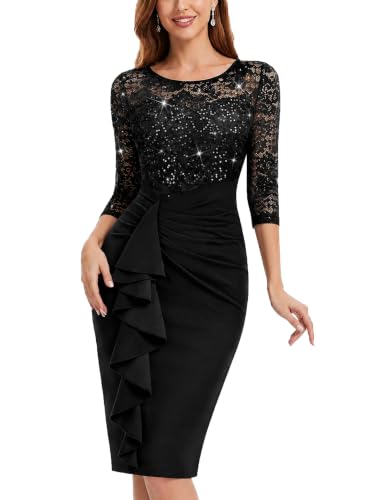 Miusol Women's Sequin Lace Ruffle Style Evening Formal Midi Dress Black