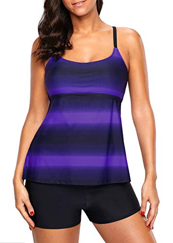 Womens Two Piece Bathing Suits Color Block Striped Tankini Top With Boyshorts Swimsuits Purple S #TOP1
