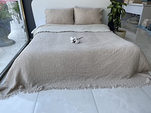 Muslin Blanket 100% Cotton, 4 Layers Bedspread, Soft Turkish Cotton Muslin Bed Cover, Reversible Coverlet, Beige (King Size 95X102-230X260Cm) #TOP4