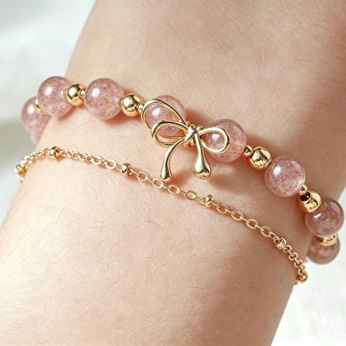 Handmade Pink Crystal Gold Bow Bracelet Strawberry Quartz Jewelry — view 2