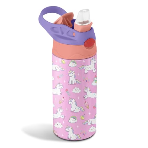 CGMIBAS 12oz Girl Water Bottle with Straw Lid & Handle - Unicorn Leak Proof Water Bottles Kids, Double-Wall Stainless Steel Pop-top Lid Pink Kids Insulated Bottles for School, Gift Cup for Kid