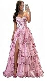 Misshow Robe Bal de Promo Femme Longue Bustier Col cœur Forme A Ligne en Tulle avec l'Inpression Florale à Volants Rosee L