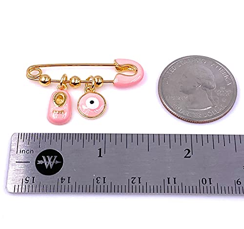 Leslie Boules It's A Girl 18K Gold Plated Brooch Pin For Baby Pink Evil Eye & Tiny Shoe Pendants #TOP2
