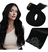 Moresoo Seamless Clip in Hair Extensions Human Hair Black 20 Inch Seamless PU Hair Extensions for...