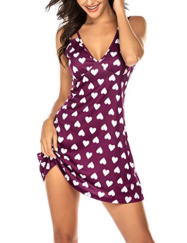 Ekouaer Stylish Women's Sling Printing Sleepwear Chemises V-Neck Full Slip Babydoll Nightgown #TOP4