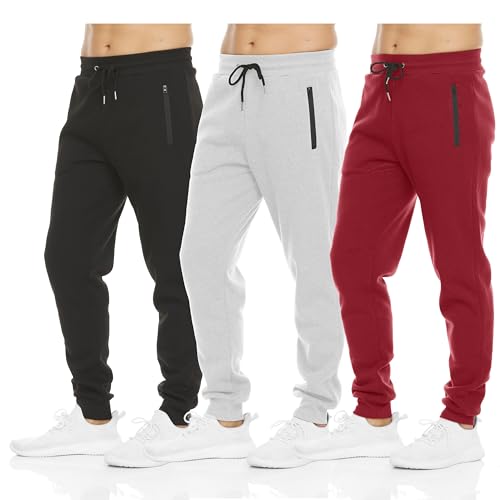 PURE CHAMP Mens 3 Pack Fleece Active Athletic Workout Jogger Sweatpants for Men with Zipper Pocket and Drawstring Size S-3XL