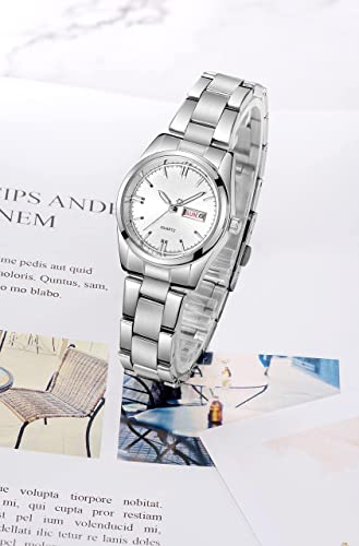 Carlien Women's Watches Luminous Waterproof Calendar Ladies Stainless Steel Dress Quartz Wrist Watch (White) #TOP2