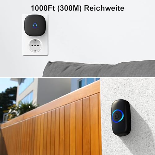 SECRUI Funkklingel Türklingel Set für Haustür, 1 Empfänger + 1 Sender Wasserdicht Haustürklingel, Funk Tür Klingel, Kabellos Doorbell mit 58 Melodien, 120dB 5 Lautstufen, LED, 300m Reichweite,Schwarz