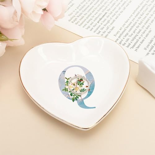 Plato de joyería con inicial Q UanMere mini bandeja cerámica de 4 pulgadas para anillos 5