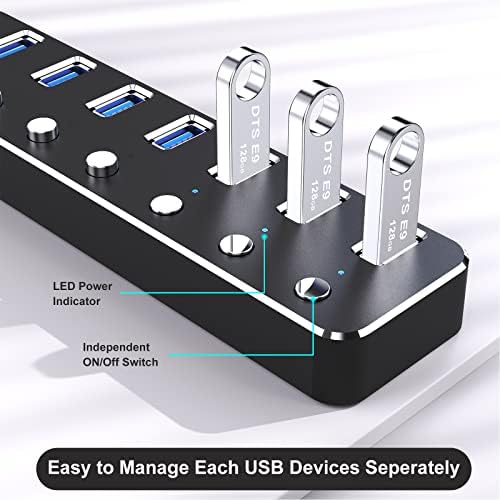 USB 3.0 Hub Powered, VKUSRA Aluminum 7 USB Port SuperSpeed USB Data Hub with 5V3A Power Adapter and Individual On/Off Switch for Surface Pro, XPS, PC Laptop, Desktop, NoteBook and More