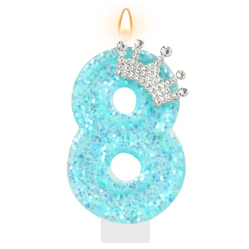 AKURIEEY Light Blue Birthday Candle Crown Number 8 Candle for Cake Topper