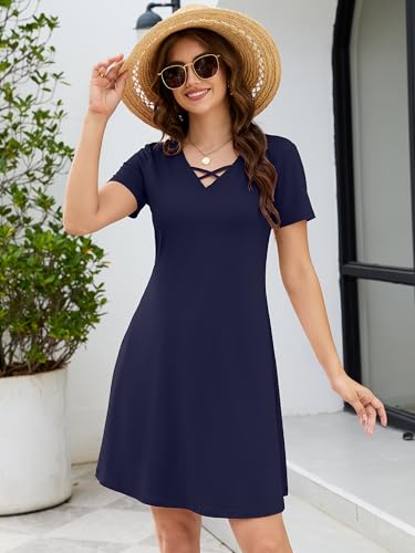 Image of KORSIS Women's Dresses Summer Casual T-Shirt Short Sleeve Criss Cross V Neck Swing Beach Vacation Sundress Dress with Pockets