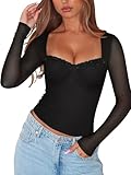 PINKMSTYLE Womens Sheer Mesh Lace Trim Tops Long Sleeve Square Neck Going Out Top Date Night Out Outfits Black X-Small