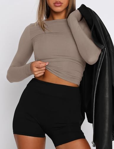 Image of AKEWEI Long Sleeve Crop Tops for Women 2 Pack Fall Going Out Outfits Cute Tight Basic Tees Shirt