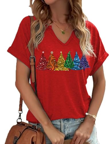 Earlymemb Camiseta feminina de Natal com gola V, estampa divertida de Natal e manga curta, camiseta