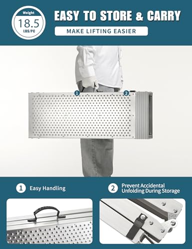 Folding Bike Ramp 89*11\" Truck Ramp 600LBS Loading Ramp for Pickup Trucks Lawn Mower 1PC Motorcycle Ramp for Pickup Trucks with Strap Silver Aluminum Trailer ATV Dirt Bike Car Ramp with Handle Buckle - Thumbnail 3