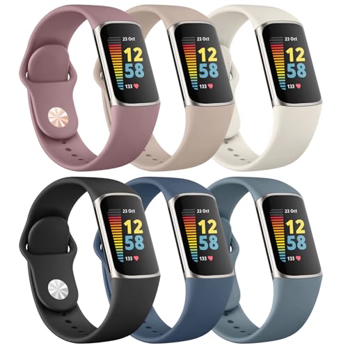 6 Pack for Fitbit Charge 6 Bands/Fitbit Charge 5 Band Women Men Soft Silicone Waterproof Adjustable Sport Replacement Wristband Strap Compatible with Fitbit Charge 6 / Charge 5 Fitness Trackesr