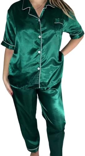 Satin Silk Pajamas Woman, Short sleeve Pjm satin silk set, two piece pajama set,that girl aesthetics, two piece nightwear (as1, alpha, l, regular, regular, Green)