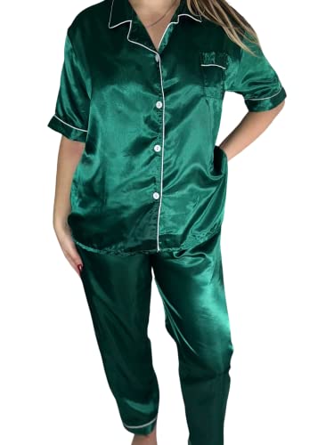 Satin Silk Pajamas Woman, Short Sleeve Pjm Satin Silk Set, Two Piece Pajama Set,That Girl Aesthetics, Two Piece Nightwear (As1, Alpha, L, Regular, Regular, Green) #TOP5